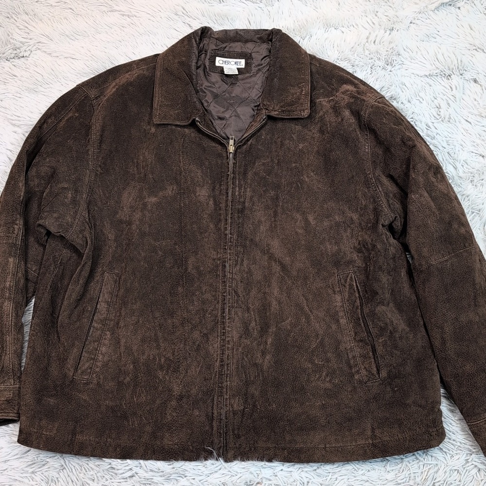 Vintage Cherokee Jacket Mens XL Brown Leather Suede Coat Pockets Zip Up Preppy